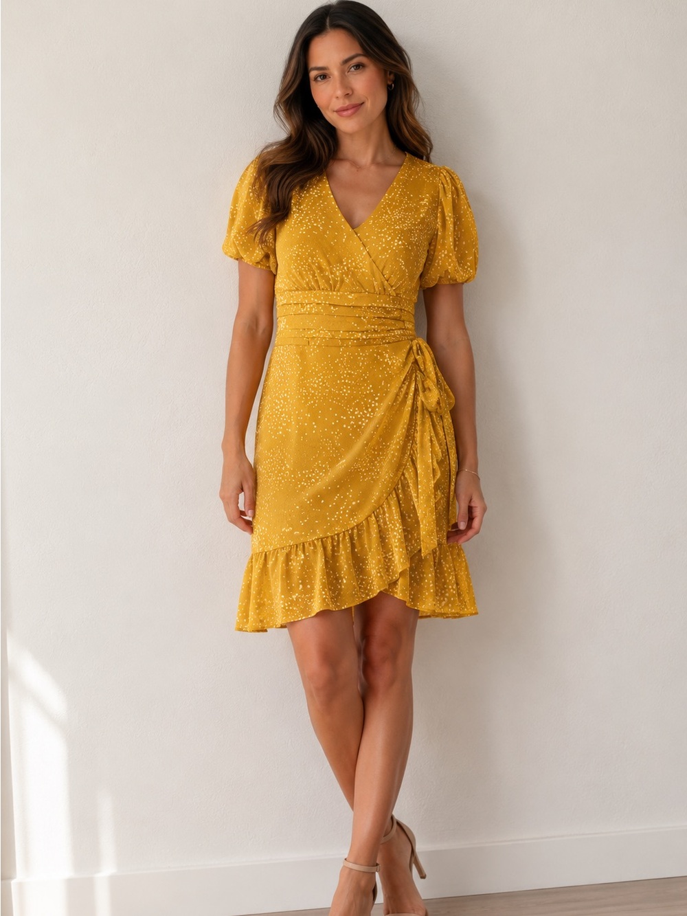 Express Dress Womens Yellow Faux Wrap Short Sleeve Polka Dot Ruff size small